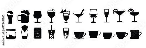 Collection of black beverage icons on white background beer glass beer mug