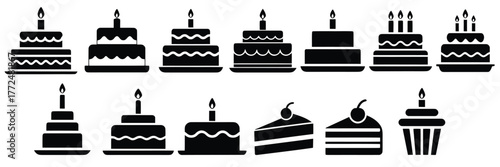 Collection of black cake and cupcake icons with candles and cherry birthday celebration