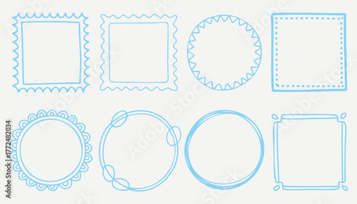 Collection of eight light blue hand-drawn decorative frames and borders sketch