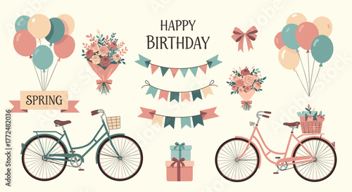 A delightful collection of spring and birthday themed illustrations featuring balloons, bouquets, bicycles, gifts, and party banners.