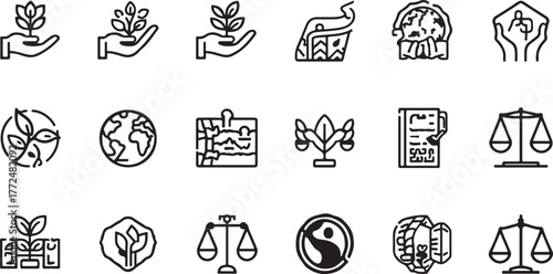 Line Art Icons Representing Growth, Environment, and Justice Concepts plant sprout