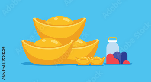 A vibrant flat illustration featuring traditional gold ingots, a bottle, and heart shapes, representing prosperity, health, and affection.