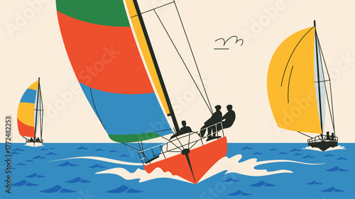 Three sailboats with colorful sails racing on the ocean with crew members in a stylized illustration