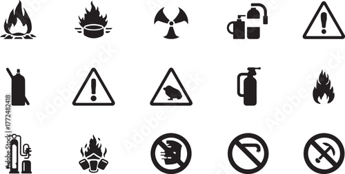 Set of black silhouette icons representing safety warnings and hazard symbols including fire radiation and danger signs