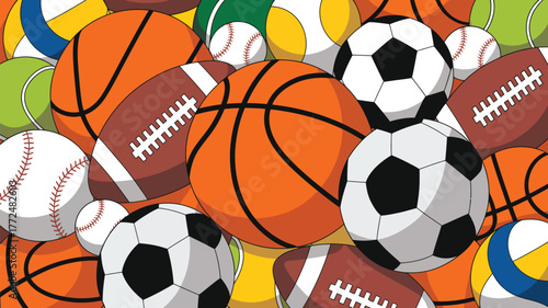 A cartoon illustration of various sports balls including basketballs, soccer balls, and footballs piled up