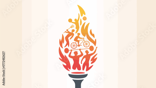 Illustration of a torch with athletes engaged in various sports inside the flame on a white background