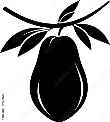 Simple black silhouette of a pear hanging from a twig with leaves vector