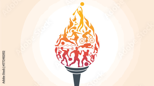 Illustration of a torch with various sports figures inside against a light orange background