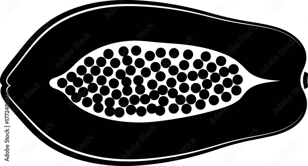 Fototapeta premium Black and white papaya slice silhouette with seeds isolated on vector
