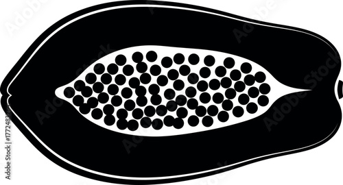 Black and white papaya slice silhouette with seeds isolated on vector