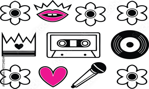 Colorful mouth smiles above while cassette, record and flowers remain on the transparent background