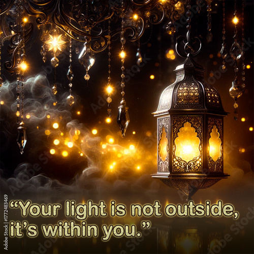 Inner Luminescence Lantern, An intricate antique lantern hangs amid a dark, magical atmosphere filled with golden bokeh, shimmering crystals, and soft smoke. The image powerfully illustrates the quote