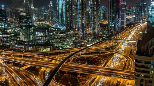 Night timelapse of Dubai traffic from rooftop with illuminated roads and glowing city skyline