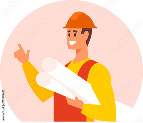Architect Engineer Holding House Blueprints Vector Illustration