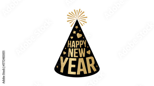 New Year black and  golden party hat and sparkling fireworks design, isolated on white background.