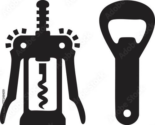 Black silhouette of a corkscrew and bottle opener isolated on white background