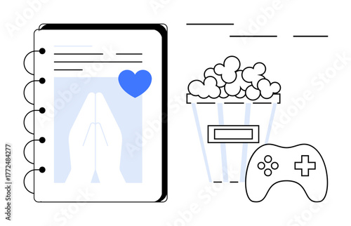 Notebook featuring prayer hands and heart, popcorn bucket, and video game controller. Ideal for mindfulness, balance, relaxation, lifestyle, entertainment spirituality modern design. Simple flat