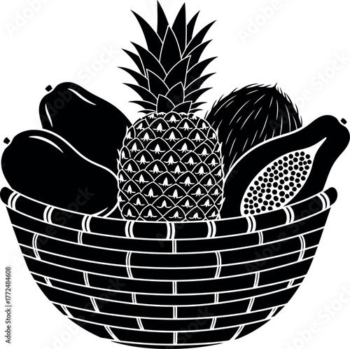 Artistic black and white line art basket filled with tropical fruits pineapple papaya coconut vector