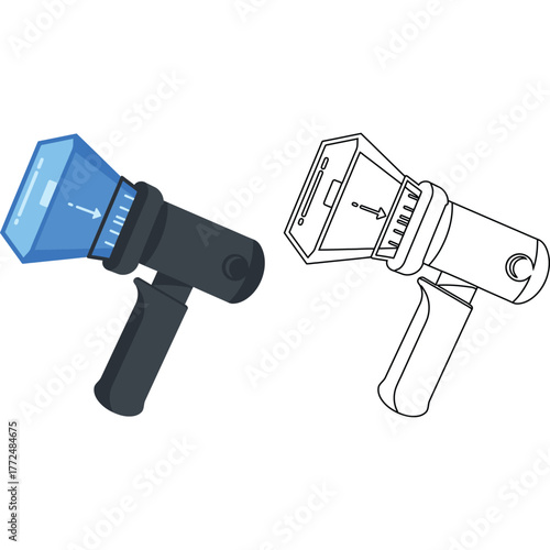 Illustration of a handheld water flosser with a line art version. dental hygiene oral health clean teeth