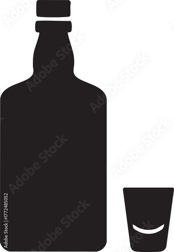 Black silhouette of a liquor bottle and shot glass isolated on white background