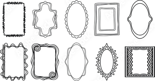 Collection of hand drawn decorative ornate frames and borders in black and white sketch style