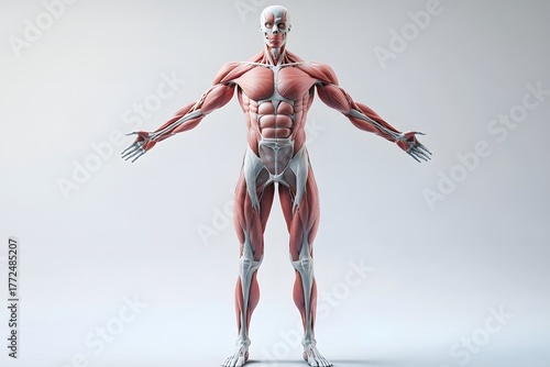 stylized 3D human anatomy diagram, muscles semi-transparent to reveal internal organ systems
