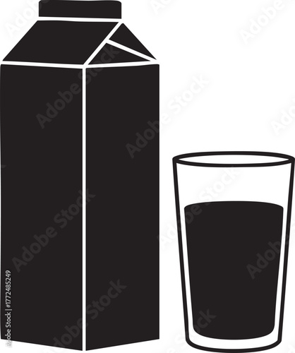 Black silhouette of a milk carton and glass of milk isolated on white background silhouette