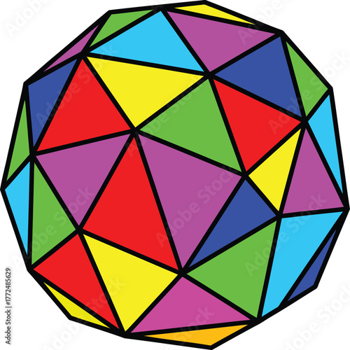 Abstract geometric sphere composed of colorful triangular facets in a repeating pattern