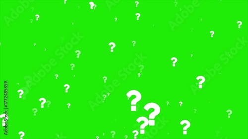 Floating question marks animation on green screen background, confusion and curiosity concept, chroma key thinking motion graphic