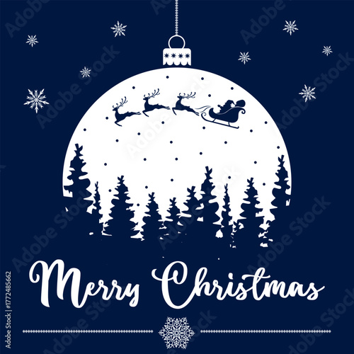 A large Christmas tree ball with Santa and reindeer flying through the sky.Vector illustration with Santa, reindeer and text in a stylized Christmas card.