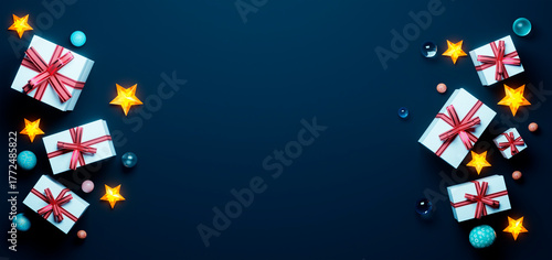 3d rendering christmas gifts and glowing stars on dark background
