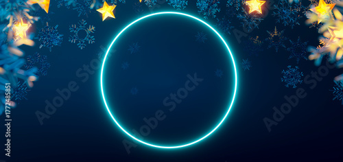 3d rendering glowing neon circle with festive snowflakes and stars