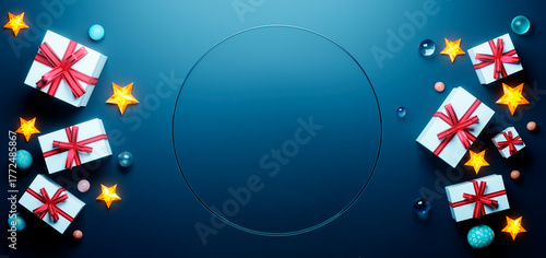 3d rendering christmas gifts and glowing stars on blue background