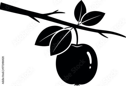 Silhouette of a ripe apple hanging from a branch with leaves in a simple graphic style vector
