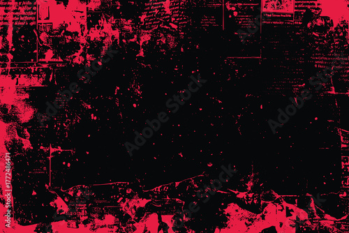 Red ink splatter grunge texture with distressed paper fragments and text vector