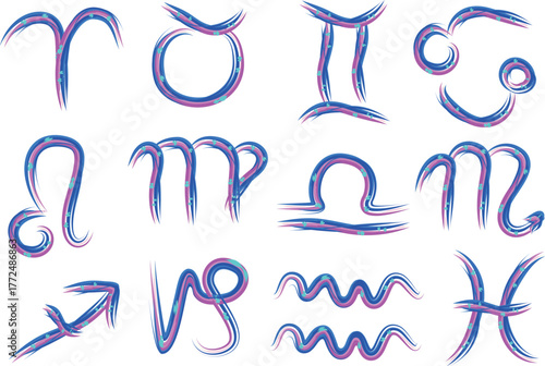 blue pink colorful creative abstract ornate outline hand drawn astrology signs
