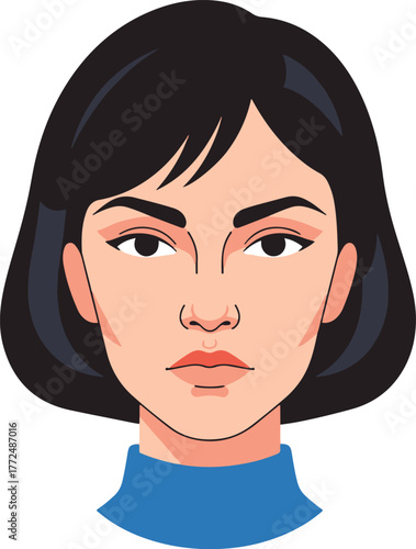 
A determined woman with a dark bob haircut and a serious expression, wearing a blue turtleneck, in a vector illustration style.