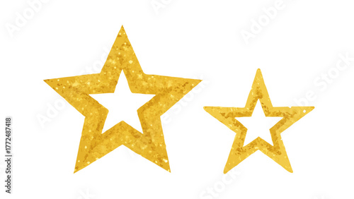 Two hollow golden stars with glitter texture on white background
