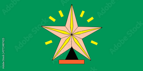 Illuminated golden star on pedestal against green background
