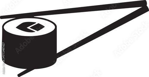 Black silhouette of a sushi roll held by chopsticks isolated on white background