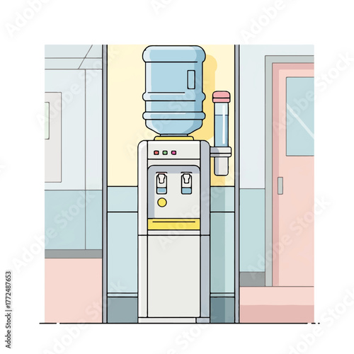 Clean vector illustration of a contemporary water cooler, featuring a large bottle and dispenser, ideal for depicting workplace hydration, office amenities, and refreshment breaks