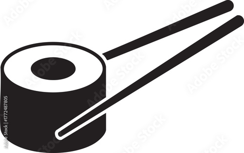 Black silhouette of a sushi roll with chopsticks isolated on white background