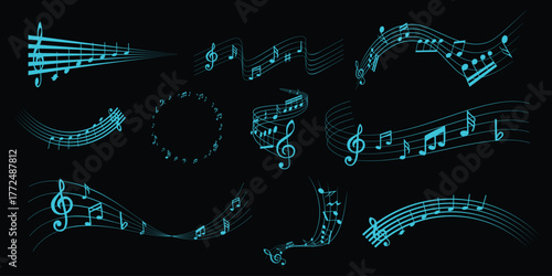 Collection of Blue Musical Notes and Staffs on Black Background