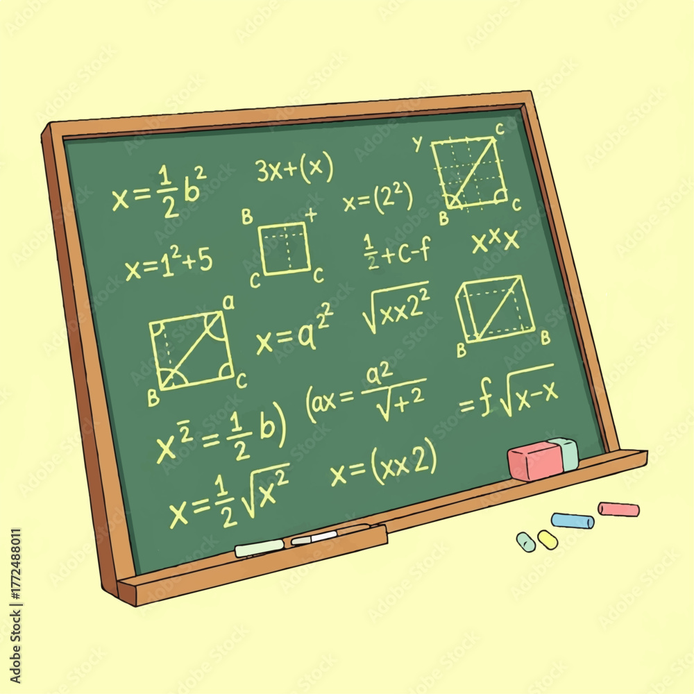 Fototapeta premium Educational blackboard with complex mathematical equations, geometric figures, and colorful chalks, illustrating geometry and algebra lessons
