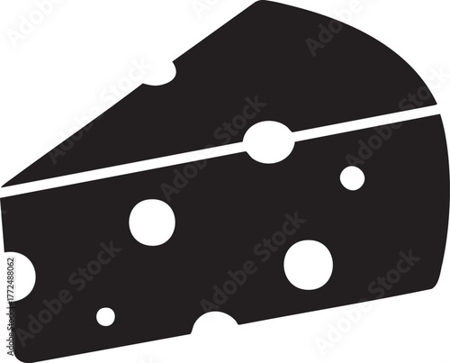 Black silhouette of a wedge of swiss cheese isolated on white background