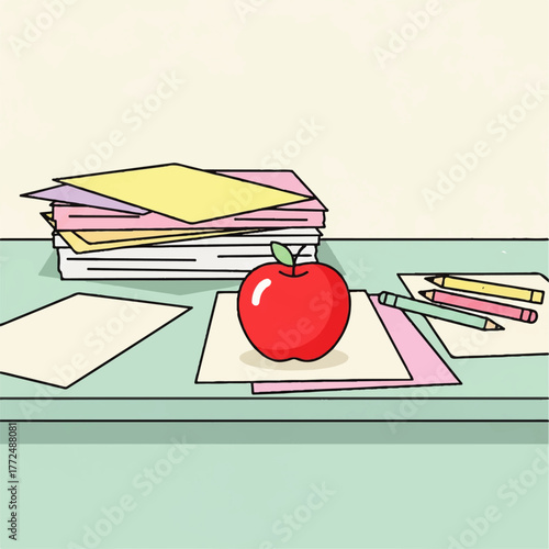 A classic back-to-school concept illustrated with a teacher's apple on a desk full of paper and colored pencils, a simple vector art design
