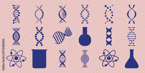 Collection of DNA, Atom, and Laboratory Equipment Icons on Pink Background