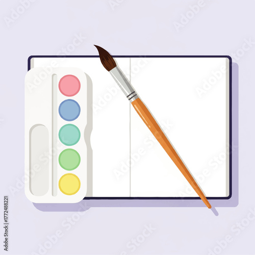 Vector illustration of an open sketchbook with watercolor paints and a brush, ready for a creative art project