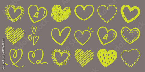 Collection of Hand-Drawn Yellow Hearts on a Gray Background
