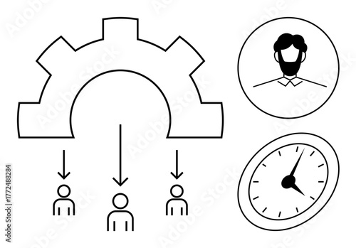 Gear symbol transferring tasks to team members, profile icon of leader, and clock for time management. Ideal for teamwork, workflow, leadership, planning, management, organization simple flat
